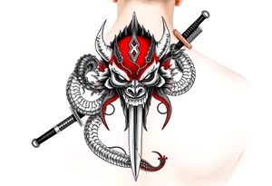 Back Tattoo with An Oni With a broken mask and a Sword, Dragons & snakes tattoo idea