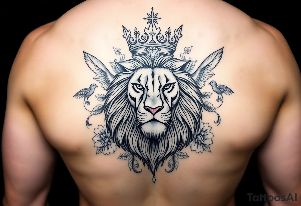 powerful majestic lion with a crown, surrounded by floral ornaments and birds tattoo idea