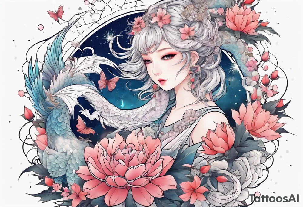 Constellation, wing , snow , cross , dragon female japan kawaii , flower tattoo idea