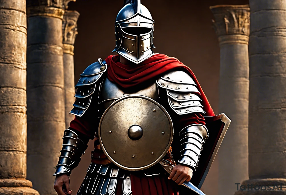 a high ranking roman soldier from AD 60, wearing armour which must include an armoured belt, breastplate, armoured shoes, shield, helmet and sword.
the soldier must look strong. the soldier is faceless. The image must include the full person, not just the top half. The soldier is mid-battle, fending off flaming arrows with his shield tattoo idea