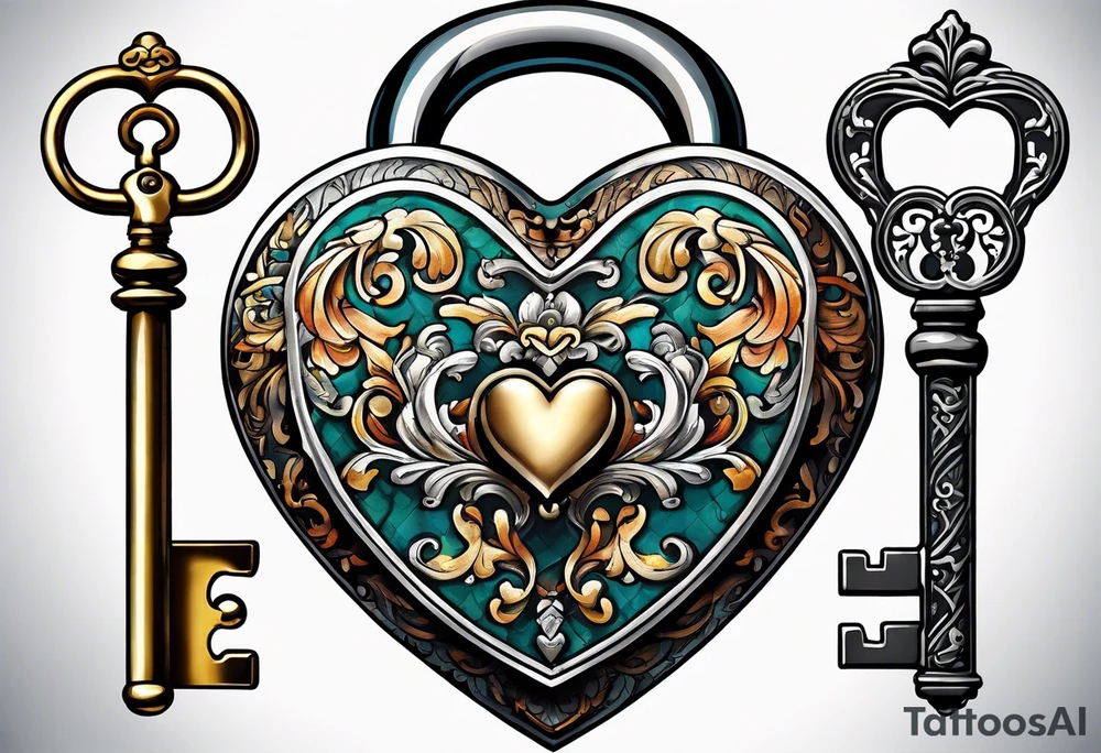 antique heart shaped lock and a key to match it tattoo idea