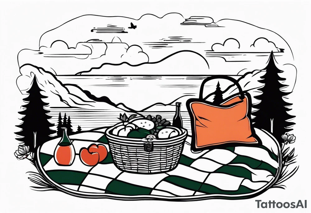 picnic scene in nature with a shecker blanket, a picnic basket and pillows. no food tattoo idea