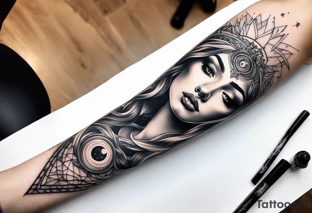 A surrealistic forarm sleeve tattoo featuring beautiful goddess’s face with glowing eyes creating the universe tattoo idea