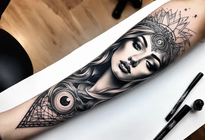 A surrealistic forarm sleeve tattoo featuring beautiful goddess’s face with glowing eyes creating the universe tattoo idea