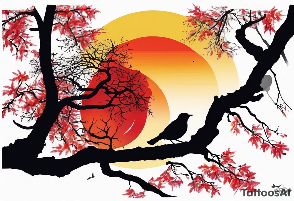 trash polka style. Arm tattoo. chest tattoo. Long tattoo. large tattoo. Full sleeve. Shoulder. A single large maple tree with red autumn leaves that branches upwards from wrist to shoulder. White-throated dipper bird on the trees branches. Calluna flowers at the base of the trees stem. Tree stem has dark colors. Red/yellow sunset behind the trees stem. Leaves falling. tattoo idea
