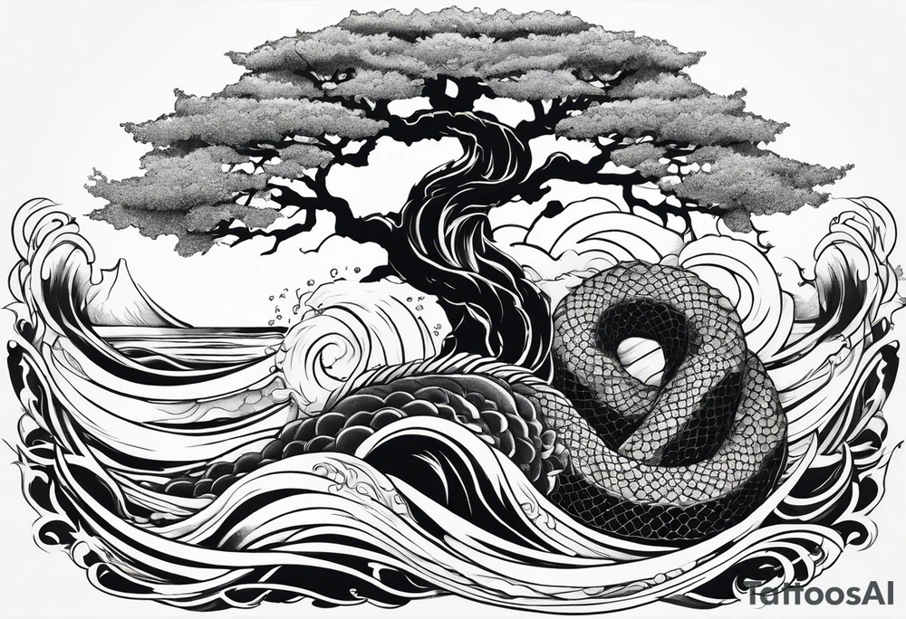 Jormungandr wrapped around world tree with waves crashing around tattoo idea