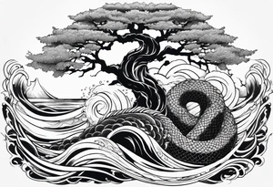 Jormungandr wrapped around world tree with waves crashing around tattoo idea