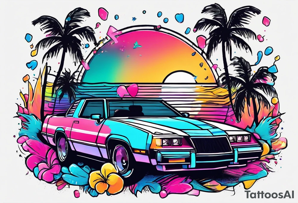 1980's miami vice style dance party with boom box, confetti, music notes in a retro eighties beach theme tattoo idea