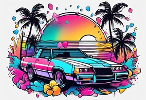 1980's miami vice style dance party with boom box, confetti, music notes in a retro eighties beach theme tattoo idea