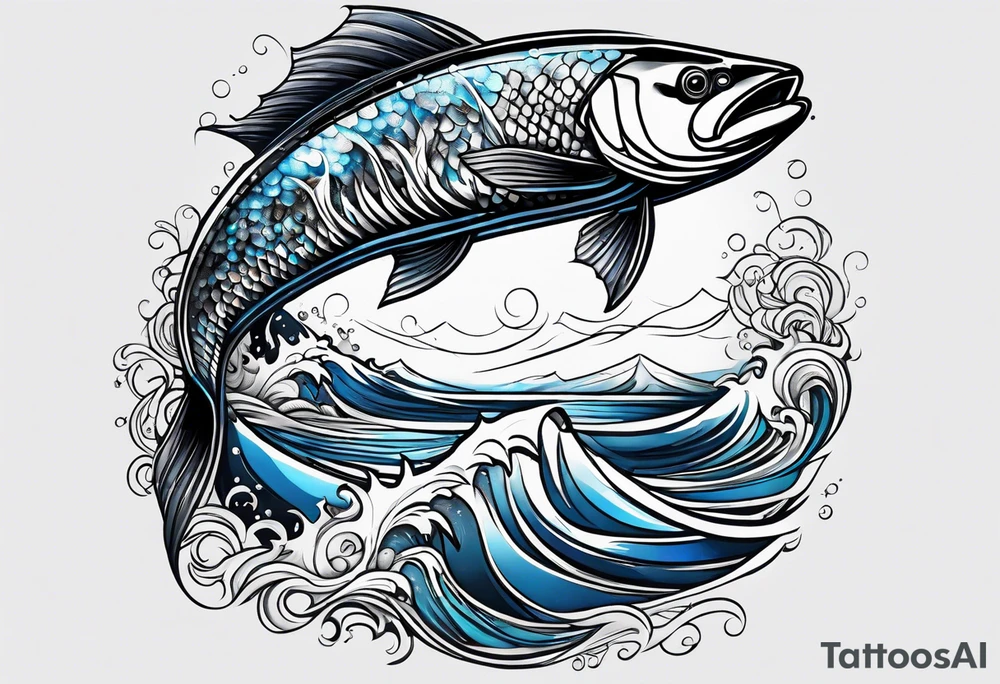 Full sleeve with Blues and blacks, waves, fish, representing struggle, determination tattoo idea
