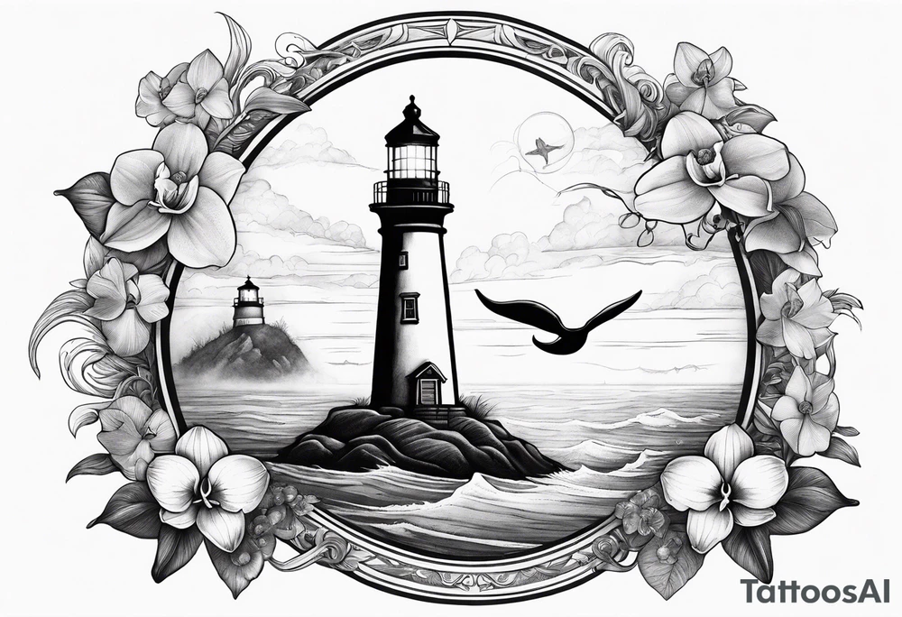 Lighthouse on a beach with light on in the fog and a humpback whale's tail sticking out of the water of the ocean with a border containing an anchor and orchids tattoo idea