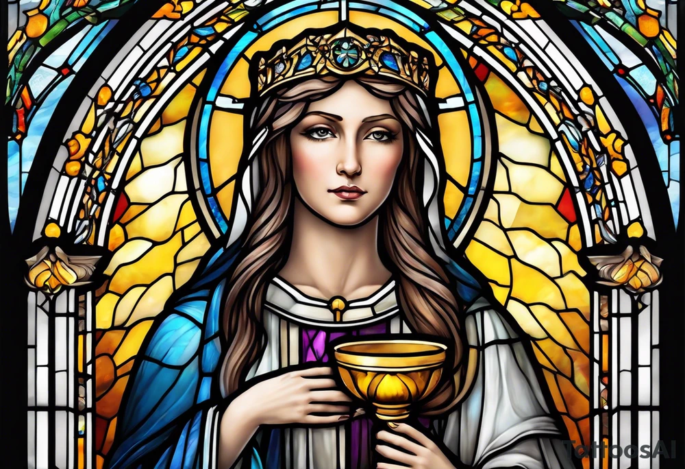 holy saint woman with halo stained glass holding a chalice tattoo idea
