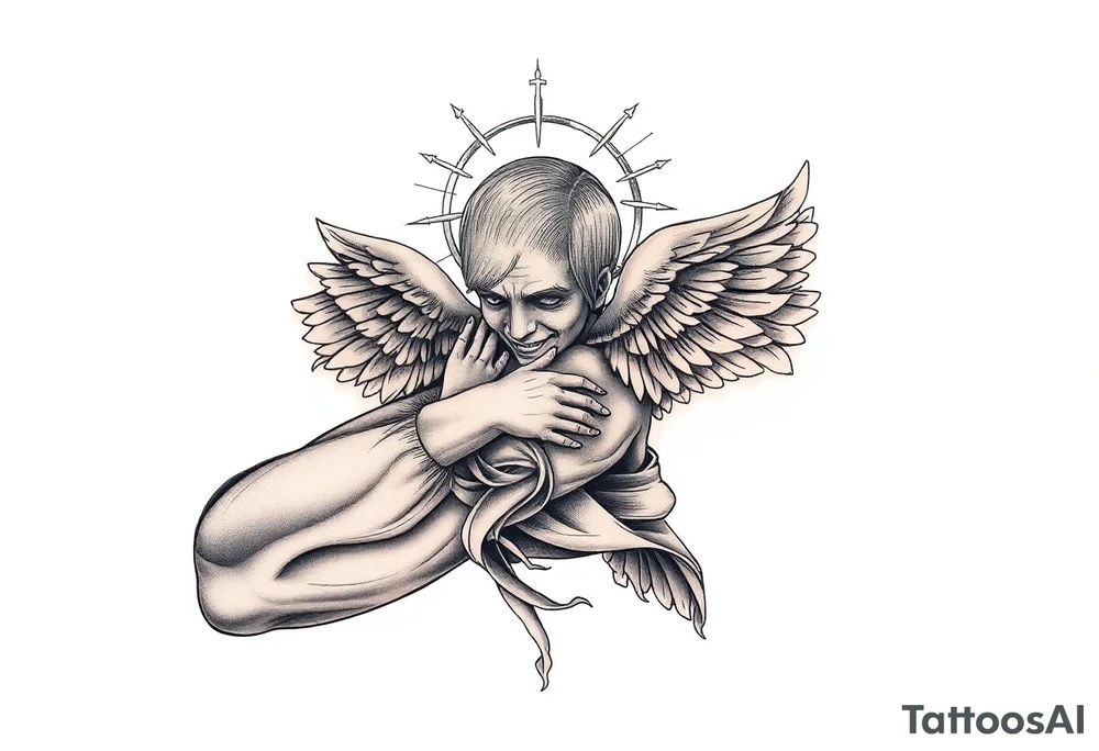 cast all your anxiety on him because he cares for you" with angels tattoo idea