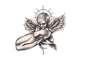 cast all your anxiety on him because he cares for you" with angels tattoo idea