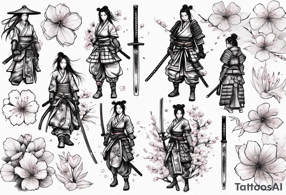 female samurai sword armor sakura leaves tattoo idea