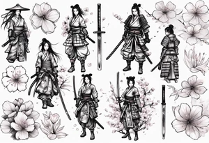 female samurai sword armor sakura leaves tattoo idea