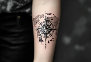 antique compass rose overlaid on weathered world map with sailing ships tattoo idea