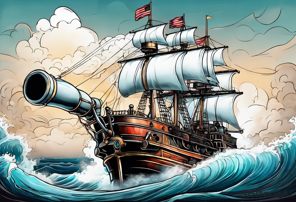 Steam engine hovering above a wild sea. tattoo idea