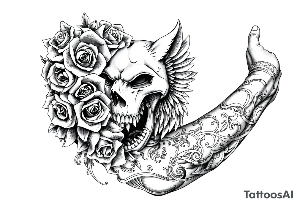 Roses and skulls and wolfs and the death of a angel in a tribal format tattoo idea