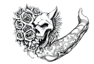 Roses and skulls and wolfs and the death of a angel in a tribal format tattoo idea