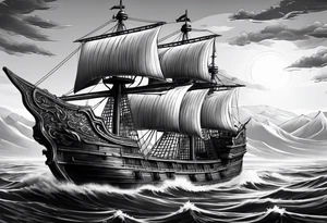 royal huge dark wooden ship 3D with sun tattoo idea