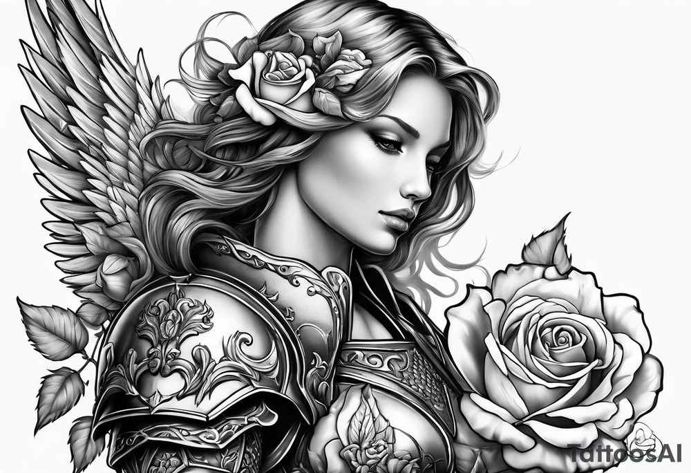Angel in armor with roses tattoo idea