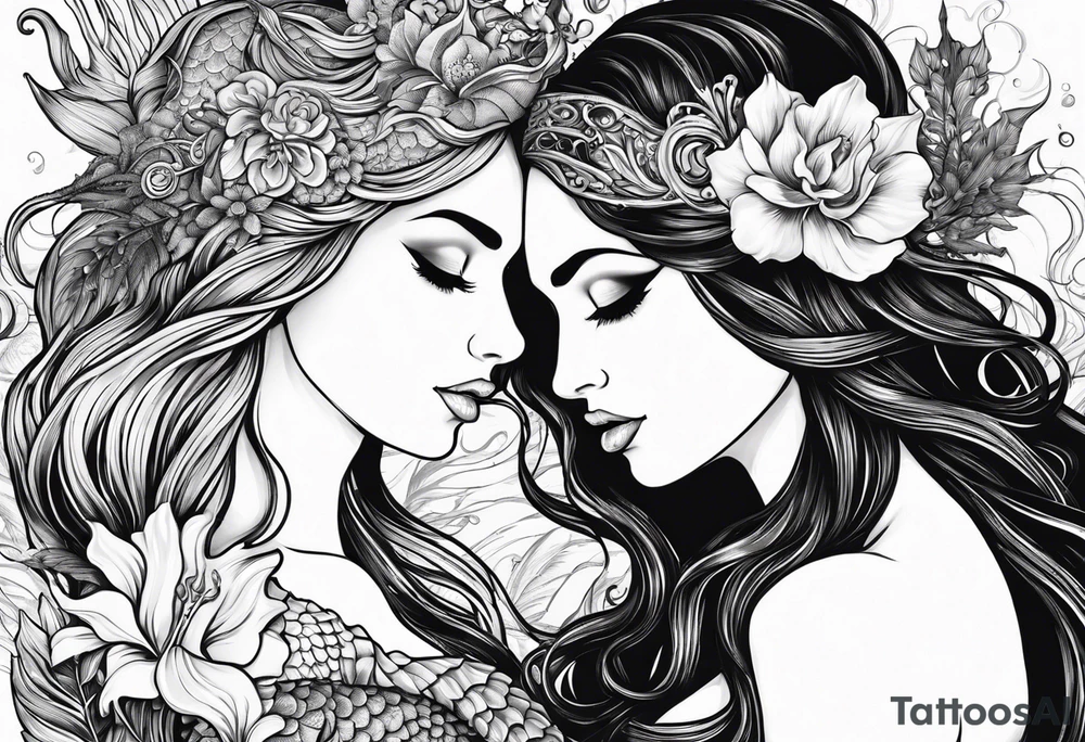 Mermaid face and half body looking at seahorse both on side profile. Trident near hair, horns coming from head. Flowers and reeds, tattoos on skin, big lips and eyes tattoo idea
