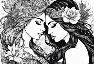 Mermaid face and half body looking at seahorse both on side profile. Trident near hair, horns coming from head. Flowers and reeds, tattoos on skin, big lips and eyes tattoo idea