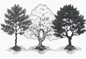 3 Forest trees growing out of the same root tattoo idea