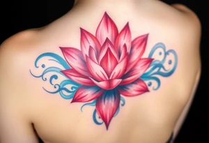 A soft red water lily, with darker edges and lighter pink hues in the center, surrounded by intricate swirling water in cool blues, representing passion and fluidity. tattoo idea