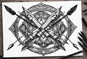 cartoonish style. with three different style of bow arrows crossing each other at the near center of the tattoo. Representing strength and power. tattoo idea