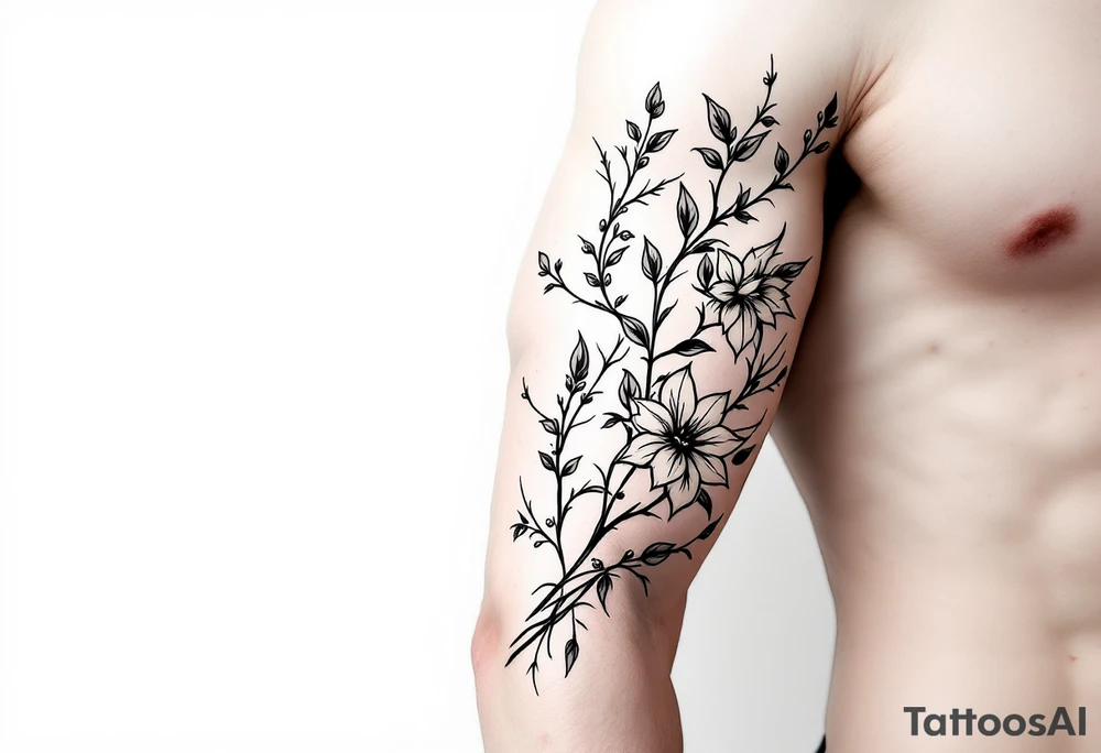 starting from a band mid-forearm, a sleeve of holly flowers and daffodils tattoo idea