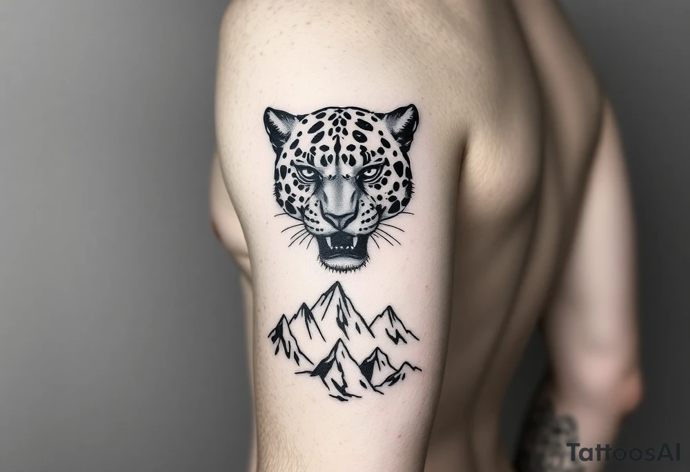 Jaguar face in the arm close to elbow mountains at the bottom close to the wrist tattoo idea