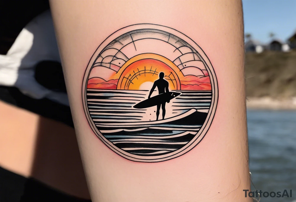 Black and white Line work tattoo depicting a father surfing in the sunset, and sharing his surfboard with his two daughters.  The sunset and horizon have musical notes. tattoo idea