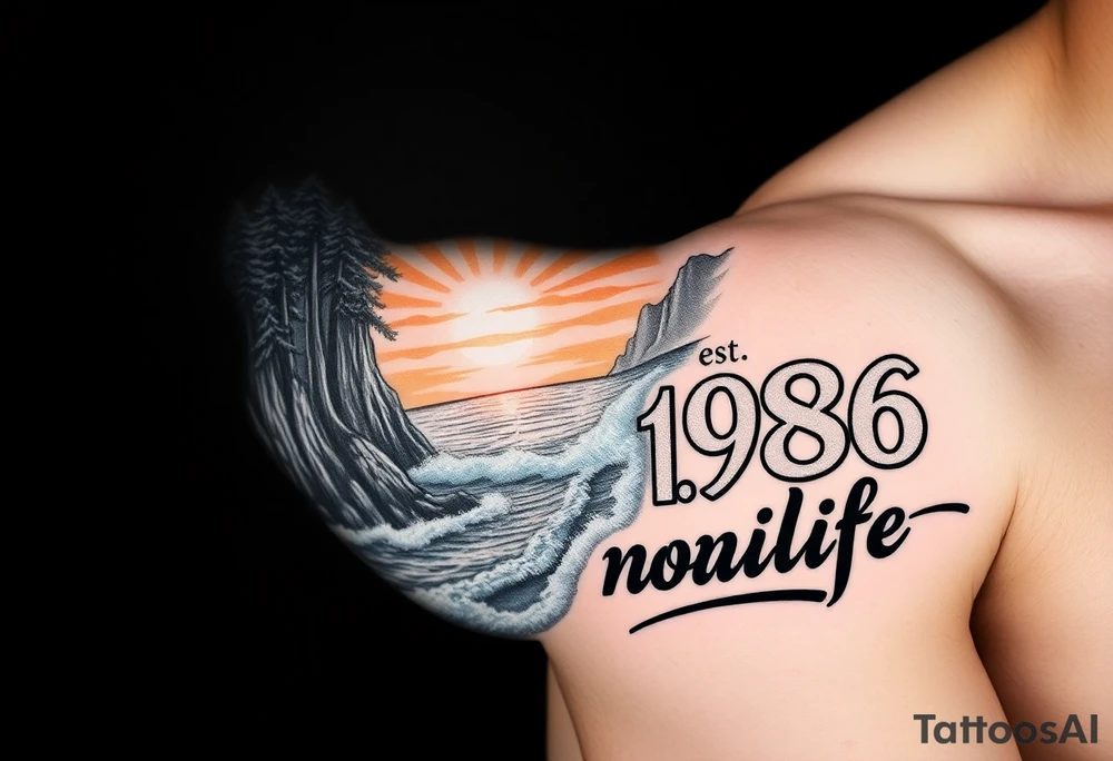Collage of Redwood forest cliff huge trees campfire smoke and sunset meeting ocean  with huge waves crashing on the rocky shoreline and a night ski with the words "est.1986 nomad life" in graffiti like old English custom letters tattoo idea