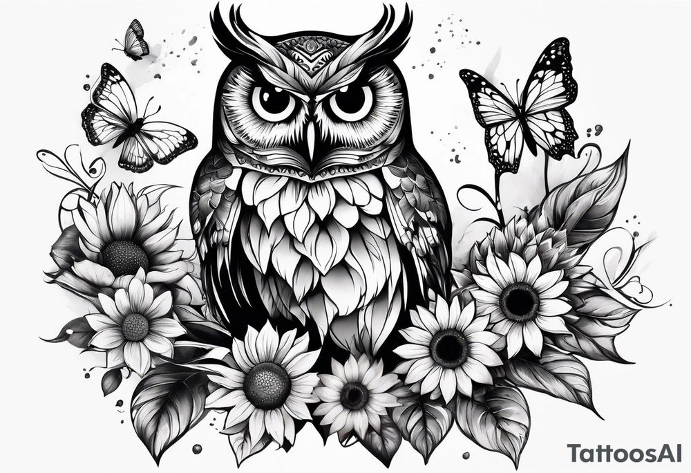 Owl, butterfly and sunflower are sleeve tattoo idea