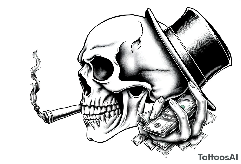skull with mustache,a big cigar in his mouth,a top-hat on his head and alot of money in a hand. tattoo idea