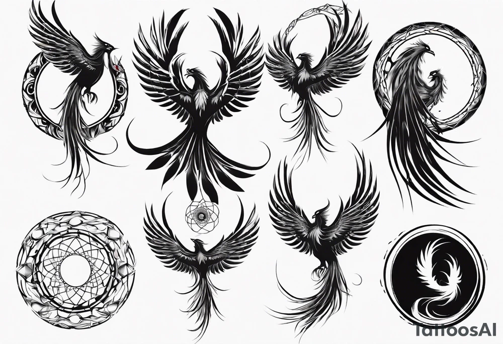 Vertical open mouthed flying Phoenix in circle with abstract dream catcher tail tattoo idea Vertical open mouthed flying Phoenix in circle with abstract dream catcher tail tattoo idea