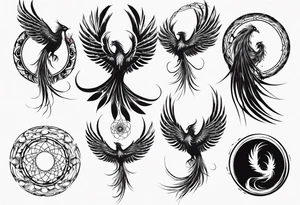 Vertical open mouthed flying Phoenix in circle with abstract dream catcher tail tattoo idea
