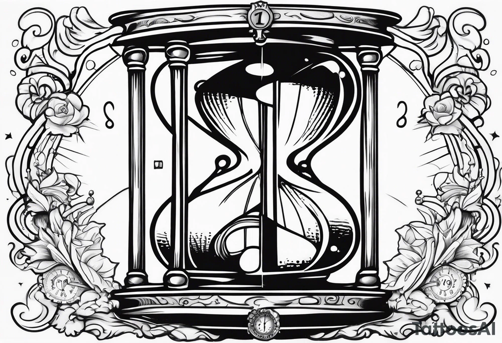 a tattoo mixing a clock integrated with an hourglass an hourglass in black and white where the year 1979 appears. on the amount of the hourglass tattoo idea