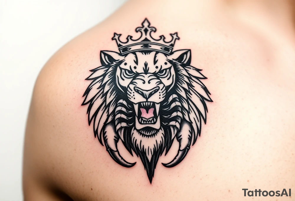 a powerful and majestic lion with a crown and in the middle of this crown , a realistic scorpion, tattoo idea