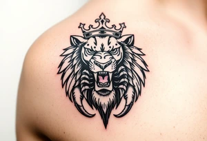 a powerful and majestic lion with a crown and in the middle of this crown , a realistic scorpion, tattoo idea
