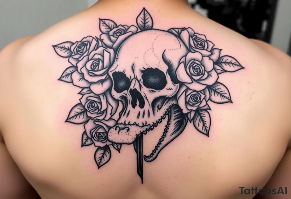 .
dreamy gothic bloom vibe, rose-heavy with dark edges. Imagine swapping the face for your skull, add the gator's tail curling up from the bottom like it's guarding the petals. has the blackwork feel—clean lines, thorny roses, easy to layer an alligator jaw underneath. tattoo idea