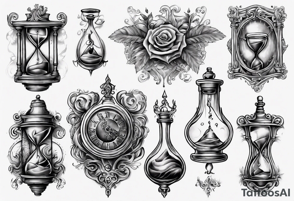 lots of filagree on the chest going onto the shoulder.  include an hour glass tattoo idea