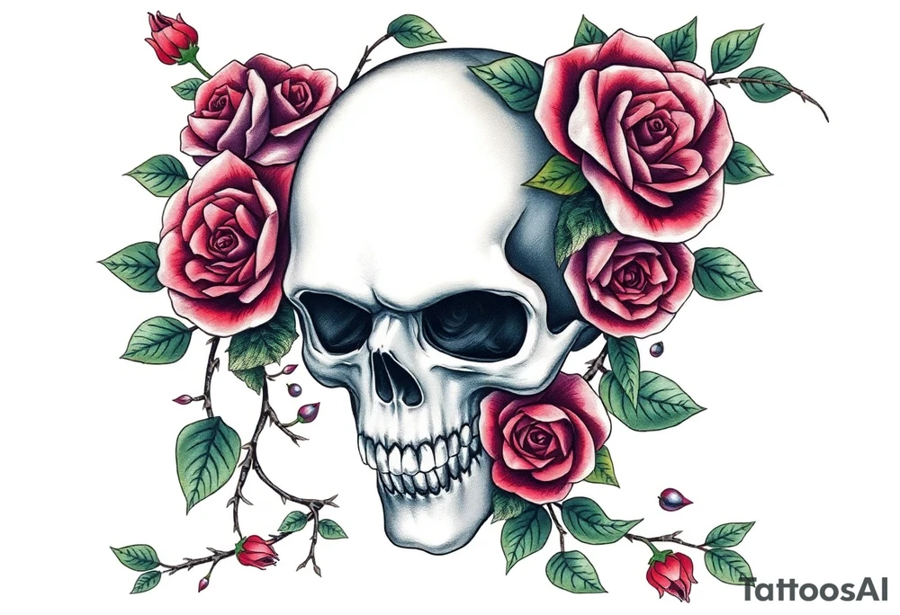 gothic skull intertwined with climbing roses and thorny vines tattoo idea