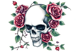 gothic skull intertwined with climbing roses and thorny vines tattoo idea