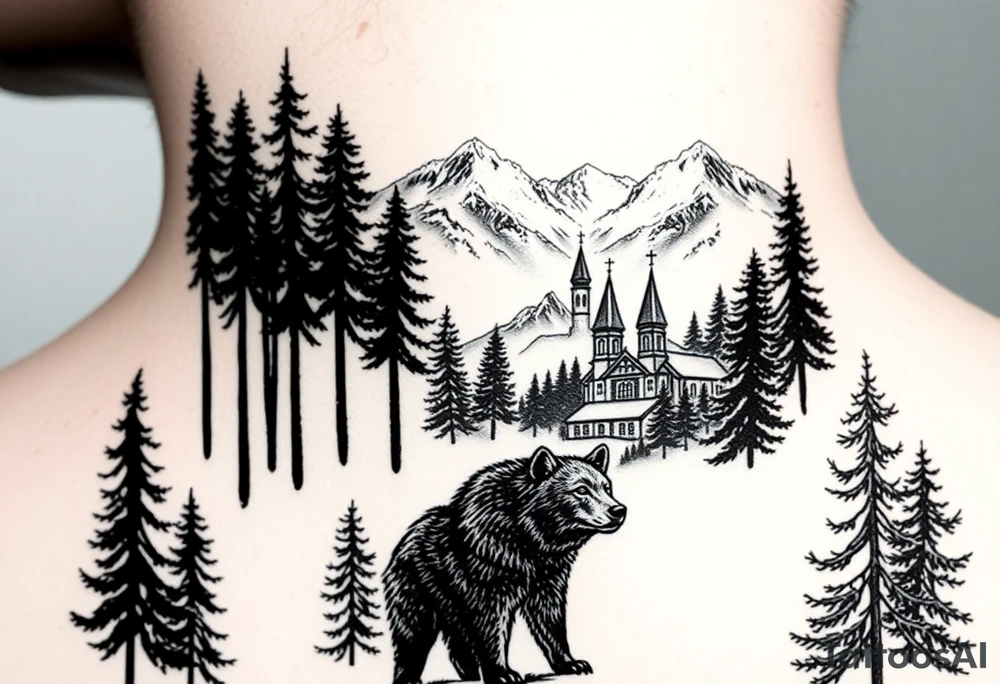 Nature/Landscape

Wolves in a pine forest (extending the tree line you already have)
A Russian bear emerging from the treeline
Snow-capped mountains behind the church scene tattoo idea