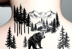 Nature/Landscape

Wolves in a pine forest (extending the tree line you already have)
A Russian bear emerging from the treeline
Snow-capped mountains behind the church scene tattoo idea