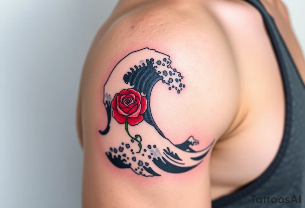 A detailed Great Wave off Kanagawa incorporate a red rose with a stem on the side of the wave tattoo idea