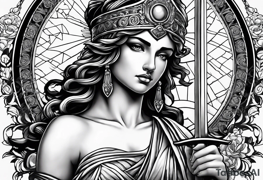 "I would like to depict Themis (Greek Goddess of Justice) cutting her own eyes with her sword." tattoo idea